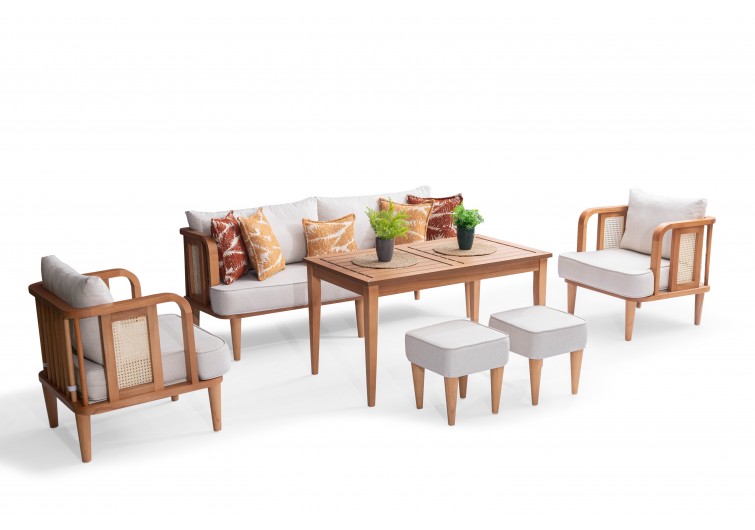 Bukle Ahşap Bahce Balkon Takımı 3-1-1-masa-2 puf