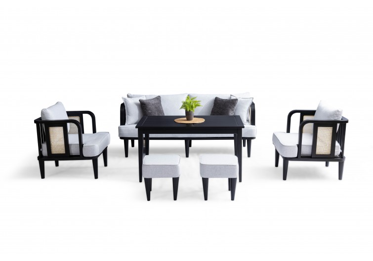 Bukle Siyah Ahşap Bahce Balkon Takımı 3-1-1-masa-2 puf