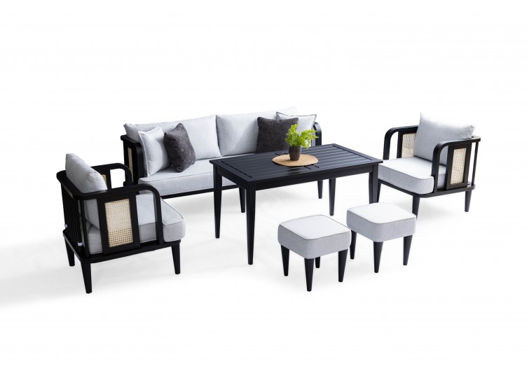 Bukle Siyah Ahşap Bahce Balkon Takımı 3-1-1-masa-2 puf