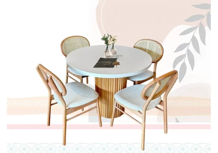 Beyaz tabla kelebek ayakli yuvarlak masa hasırlı sandalye takımı 100x100cm