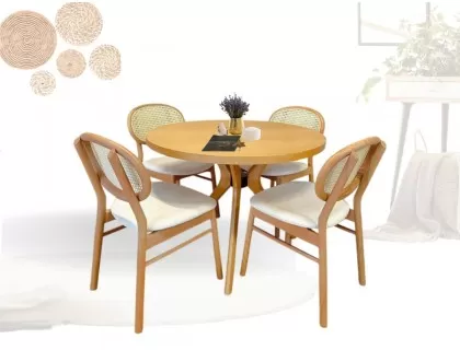 Kayın kelebek ayakli yuvarlak masa hasırlı sandalye takımı 100x100cm