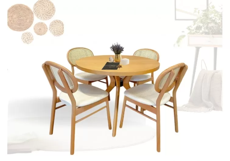 Kayın kelebek ayakli yuvarlak masa hasırlı sandalye takımı 100x100cm