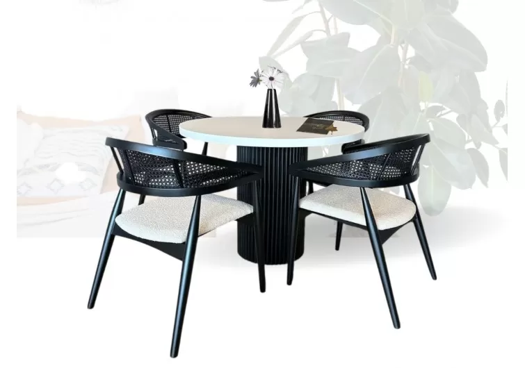 Siyah beyaz yuvarlak hasırlı  masa sandalye takımı 100x100cm