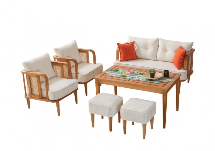 Bukle Ahşap Bahce Balkon Takımı 2-1-1-masa-2 puf