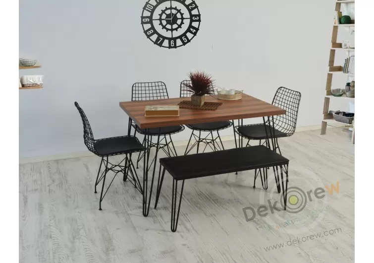 Diriliş extra demir ayaklı ceviz masa,Tel sandalye takımı