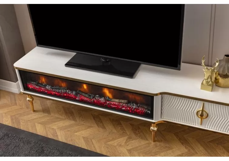 Derya tv sehpası şömineli ekru renk gold ayak-detay