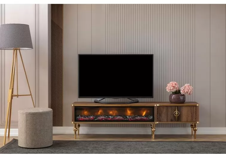Derya tv sehpası şömineli ceviz renk gold ayak-detay
