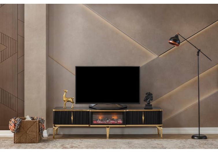Reul tv sehpası şömineli mat siyah renk gold ayak-detay